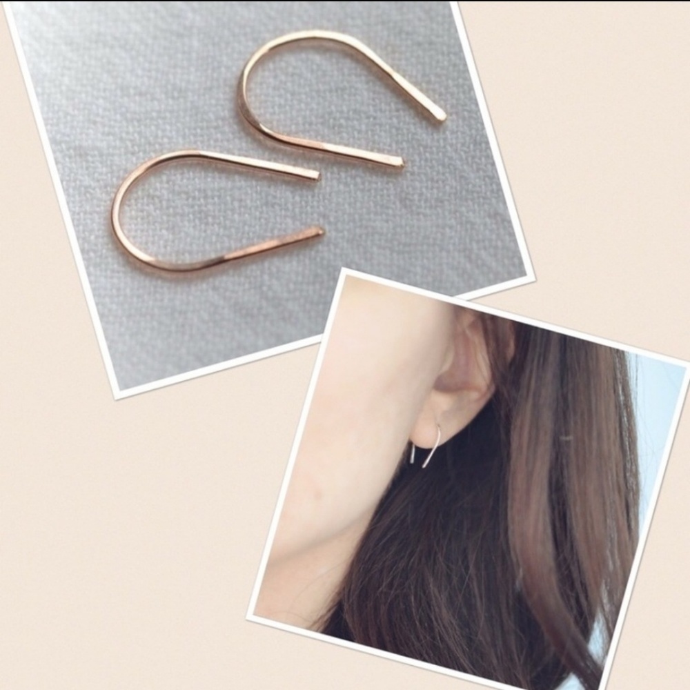 Rose Gold Open Hoop Threader Horseshoe Earrings - Picture 4 of 6